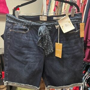Angels Dark Indigo Denim Shorts with Printed Tie Belt